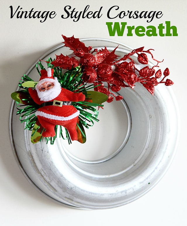 Kitschy vintage styled Christmas wreaths made from jello molds and faux vintage corsages. Sort of like the corsages your Grandma used to wear to church on Christmas Eve.