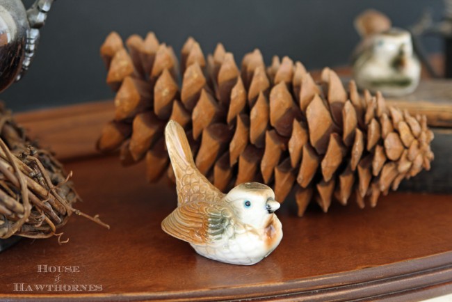 Brown bird salt and pepper shaker setting next to a pinecone. 