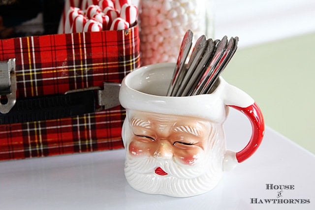 Vintage Santa head mug as part of a hot cocoa station for the holidays