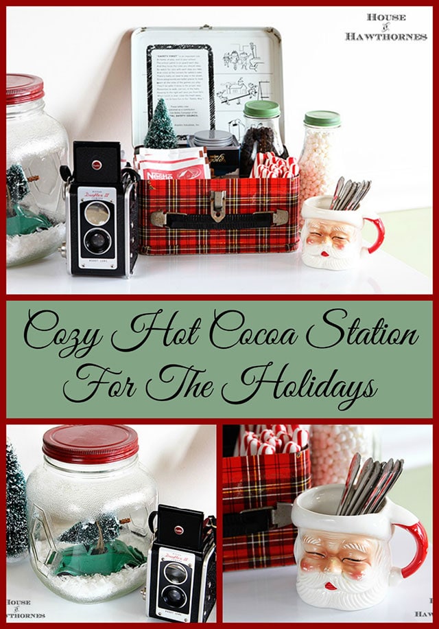 A vintage inspired hot cocoa station for the holidays. Cute ideas for a Christmas display! Love the old Santa mug, vintage camera and plaid school lunchbox!