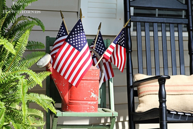 Summer front porch with patriotic decor