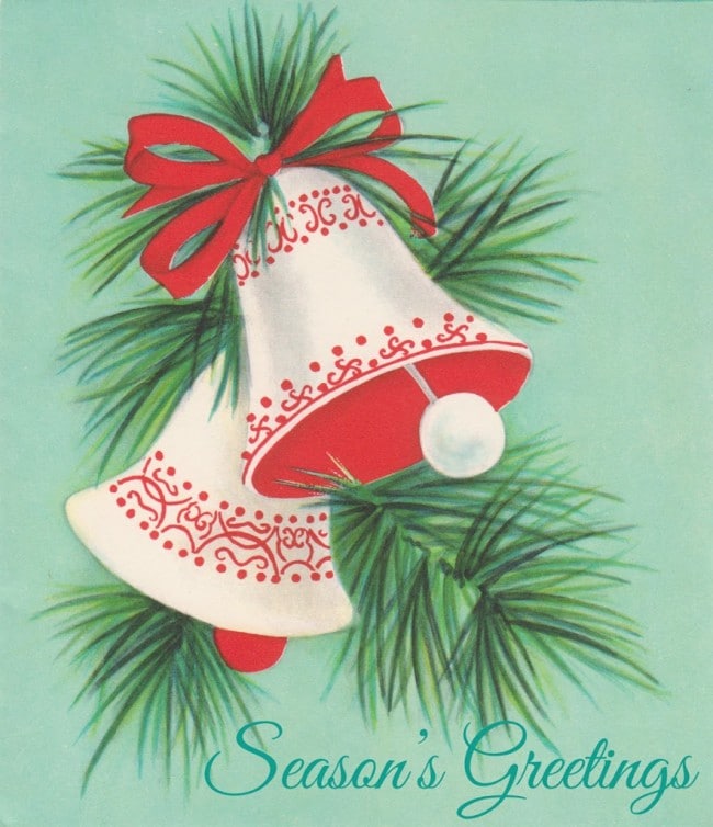 Christmas bells on a vintage Christmas card which says Season's Greetings. 