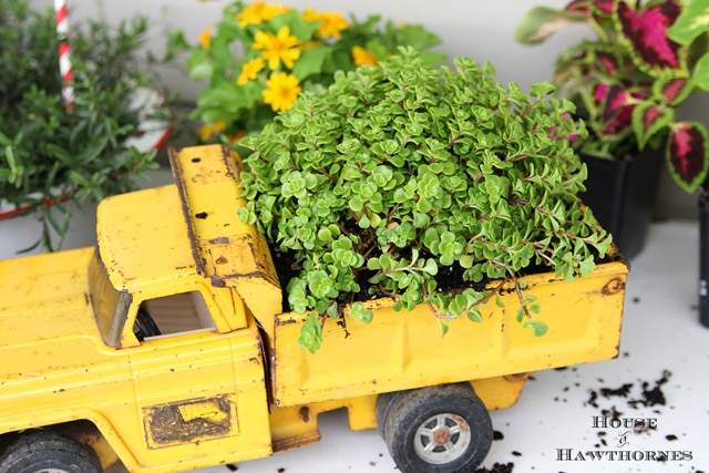 What a fun gardening DIY project! Upcycle a toy truck into a planter (this rusty one was found at a yard sale). Too cute!