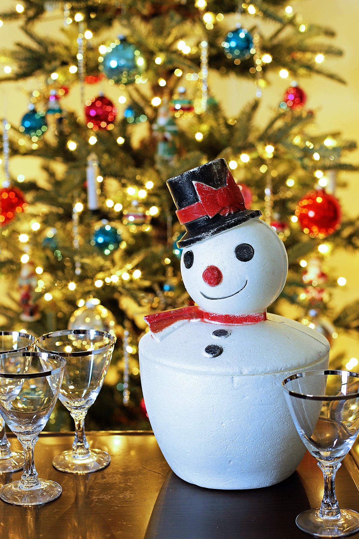 Vintage styrofoam snowman ice bucket made by Gotham Industries -circa 1950s or 1960s.