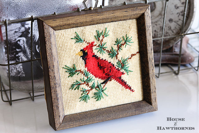 Framed needlepoint cardinal