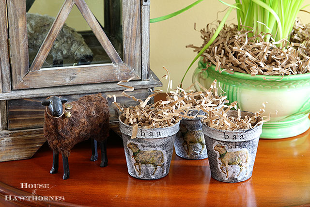 Spring peat pots made with a faux zinc finish and lamb design