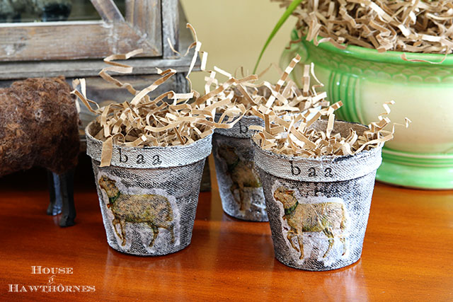 Spring peat pots made with a faux zinc finish and lamb design