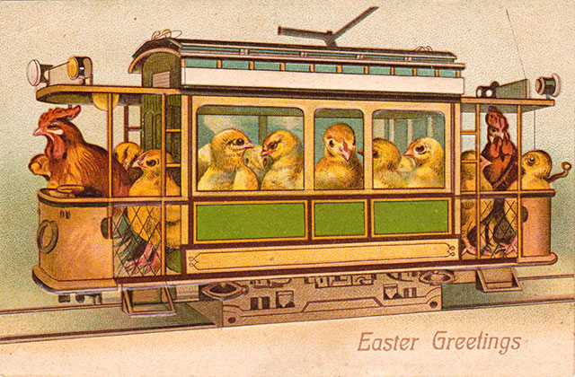 Easter chicks on a trolley - vintage Easter postcard image