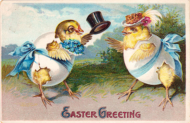 Easter chicks dressed up on Easter morning - vintage Easter postcard