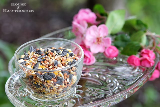 Vintage glass snack set repurposed into a bird feeder