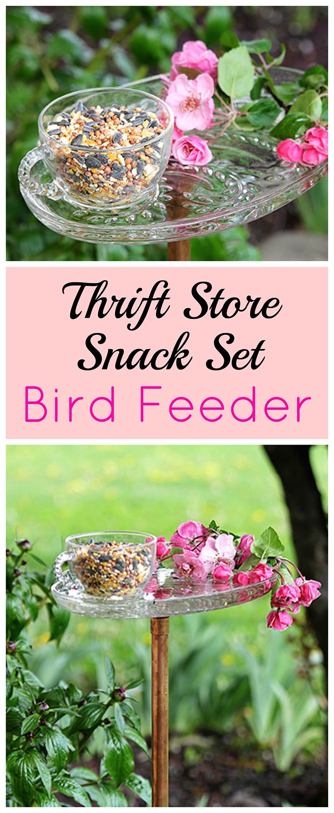 A vintage snack set can easily be repurposed into a CUTE bird feeder in a few simple steps. And I see these snack sets at the thrift store ALL THE TIME!