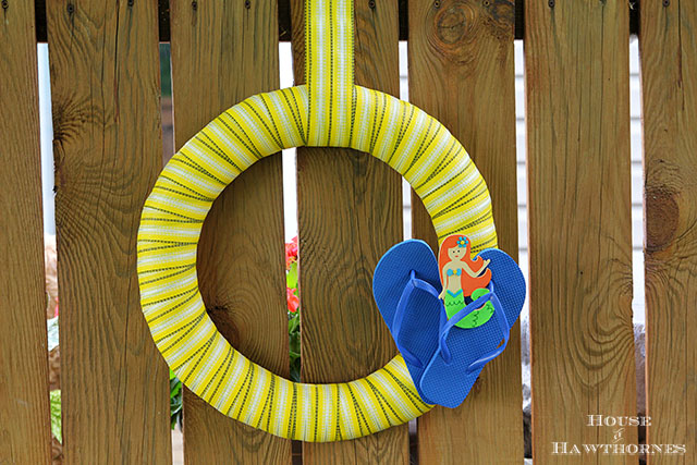 Wreath made from vintage lawn chair webbing