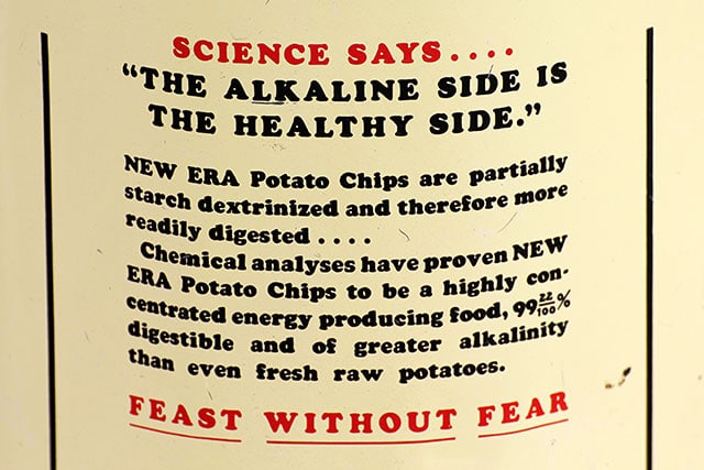 Vintage New Era Potato Chip can with strange marketing ideas - early Frito-Lay product