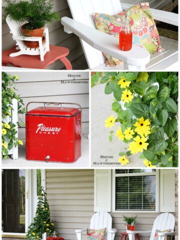 Fun and colorful summer porch decor with a vintage twist. Adirondack chairs, vintage coolers and a gorgeous black-eyed Susan vine are the highlights.