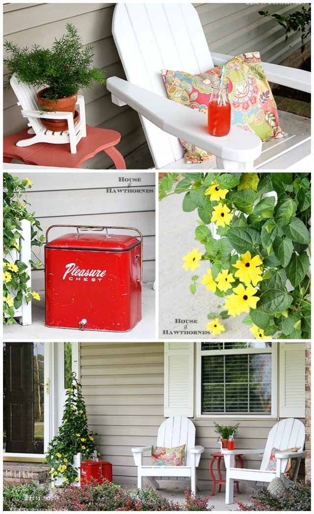 Fun and colorful summer porch decor with a vintage twist. Adirondack chairs, vintage coolers and a gorgeous black-eyed Susan vine are the highlights.