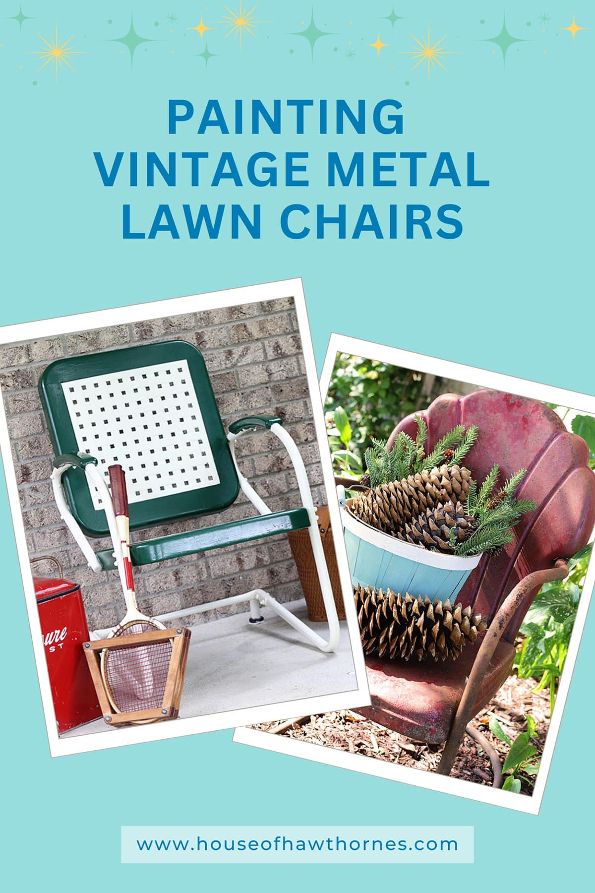 Give your vintage metal lawn chairs a fresh new look! Learn how to upcycle old metal chairs with this easy painting metal outdoor furniture guide. Bring your retro patio furniture back to life and save it from the landfill with a beautiful restoration!