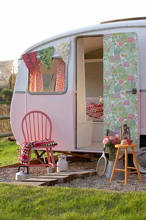 pink and white vintage travel trailer