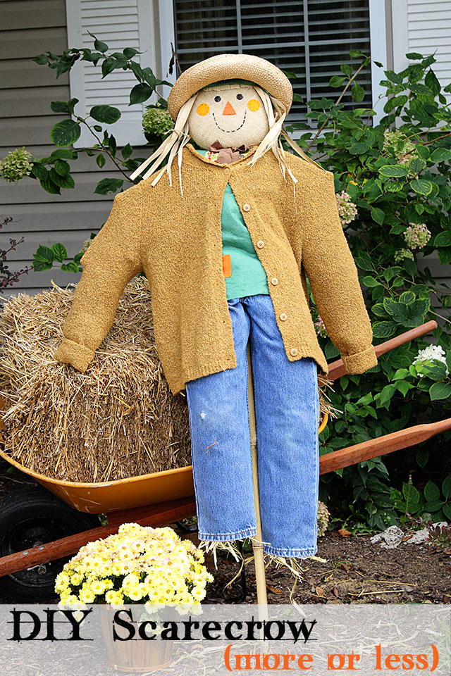DIY scarecrow tutorial for fall decor. She used an inexpensive JoAnn Fabrics' stick scarecrow and thrift store clothing to doll her up!