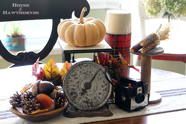 Quick and easy fall table decor. Just add a few key fall elements like acorns, pumpkins or Indian corn to the table and you've got an instant fall look. via houseofhawthornes.com