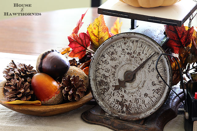 Quick and easy fall table decor. Just add a few key fall elements like acorns, pumpkins or Indian corn to the table and you've got an instant fall look. via houseofhawthornes.com