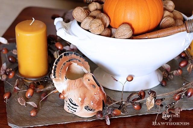 Learn how to make simple Thanksgiving table decor using stuff found at thrift stores or around the house. More personality than a store bought centerpiece!