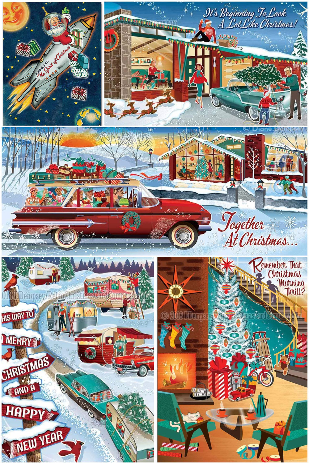Reproductions of mid-century modern Christmas cards.