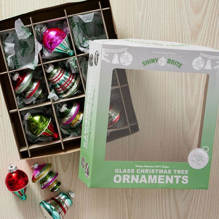 Shiny Brite Christmas ornaments in a box.