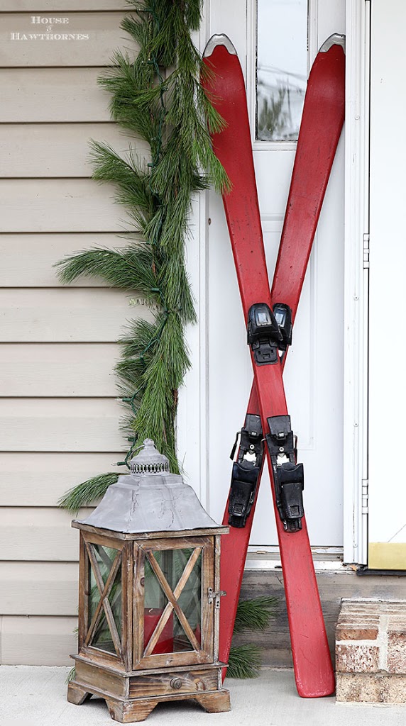 DIY chalk painted skis for festive holiday porch decor