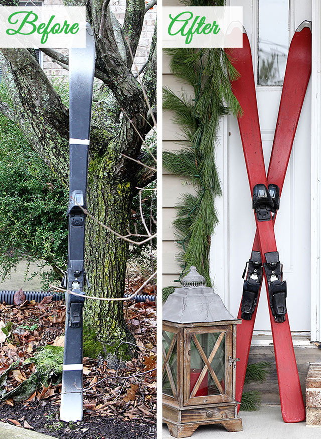 DIY chalk painted skis for festive holiday porch decor