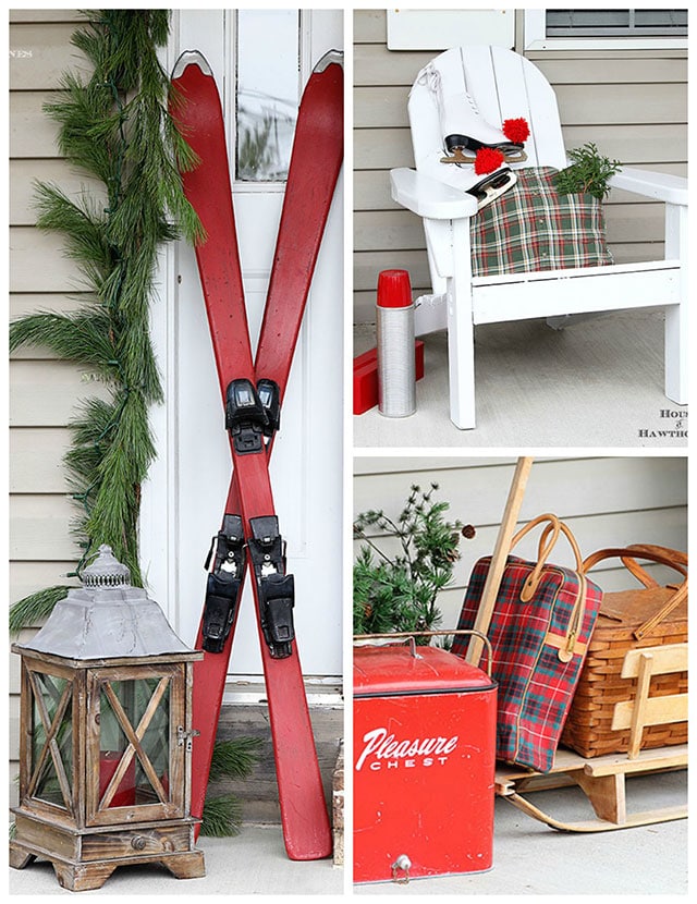 Fun holiday front porch ideas are shown, including chalk painted skis, vintage Thermoses and plaid decor for Christmas. And most of the items were found at thrift stores and estate sales.