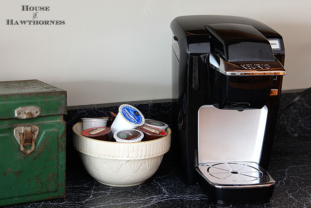 DIY Keurig K Cup storage using vintage home decor and thrift store finds.