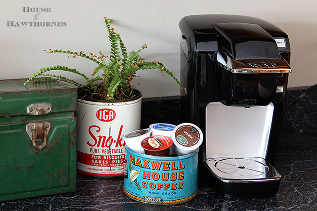 DIY Keurig K Cup storage using vintage home decor and thrift store finds.