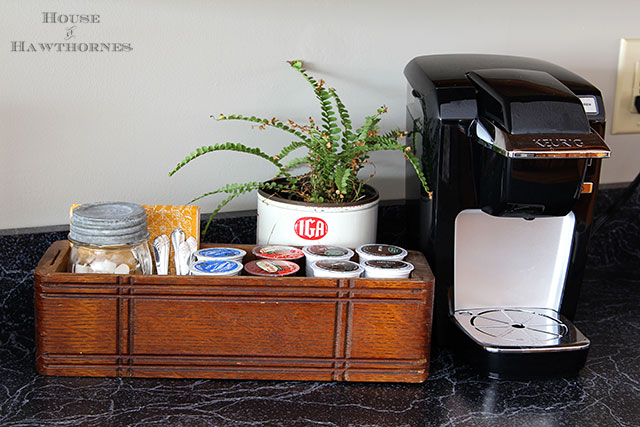 DIY Keurig K Cup storage using vintage home decor and thrift store finds.