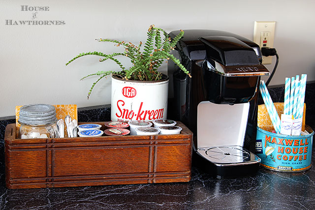 DIY Keurig K Cup storage using vintage home decor and thrift store finds.