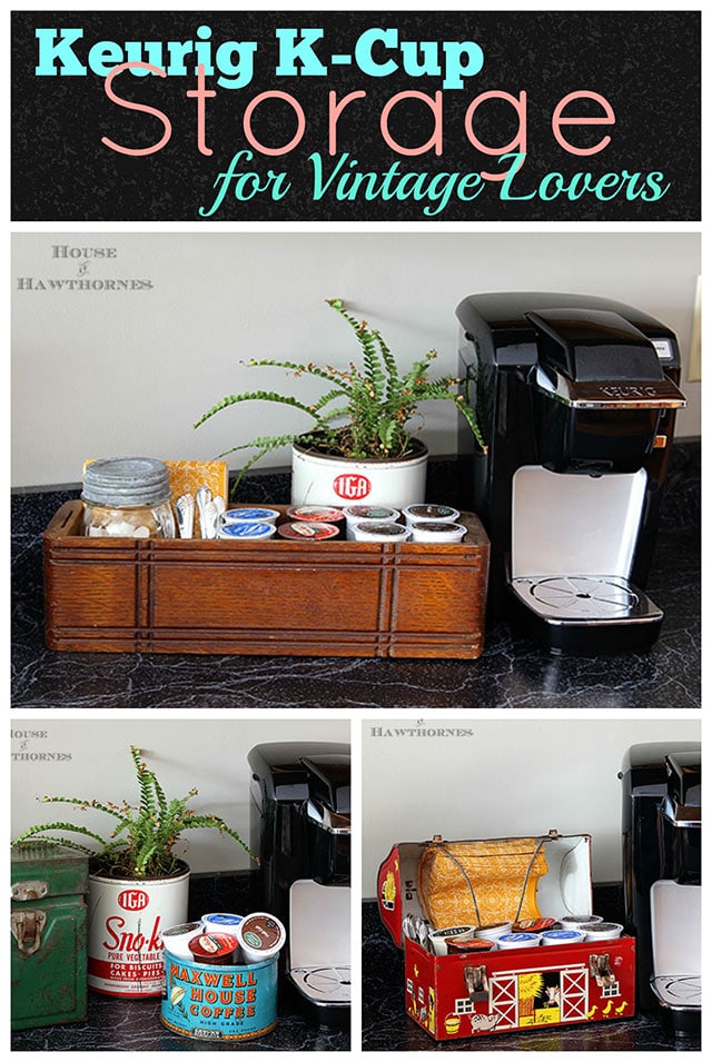 DIY Keurig K Cup storage using vintage home decor and thrift store finds.