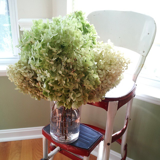 Vintage Cosco Step Stool Chair With Hydrangeas On It