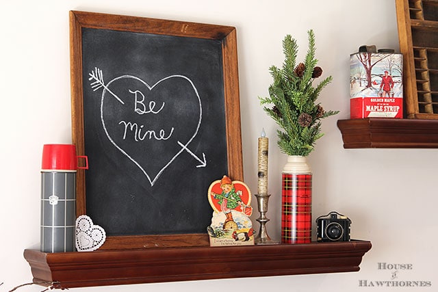 Valentine's Day chalkboard vignette with a Thermos theme and a vintage lumberjack classroom valentine Valentine's Day chalkboard vignette with a Thermos theme and a vintage lumberjack classroom valentine