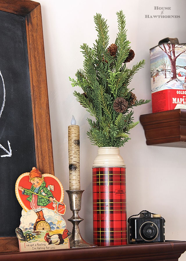 Valentine's Day chalkboard vignette with a Thermos theme and a vintage lumberjack classroom valentine Valentine's Day chalkboard vignette with a Thermos theme and a vintage lumberjack classroom valentine