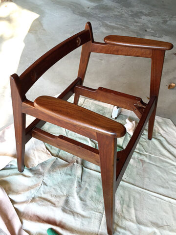 A fun and stylish Mid Century Modern chair restoration including reupholstering and wood refinishing. A DIY project that can be accomplished in a weekend.