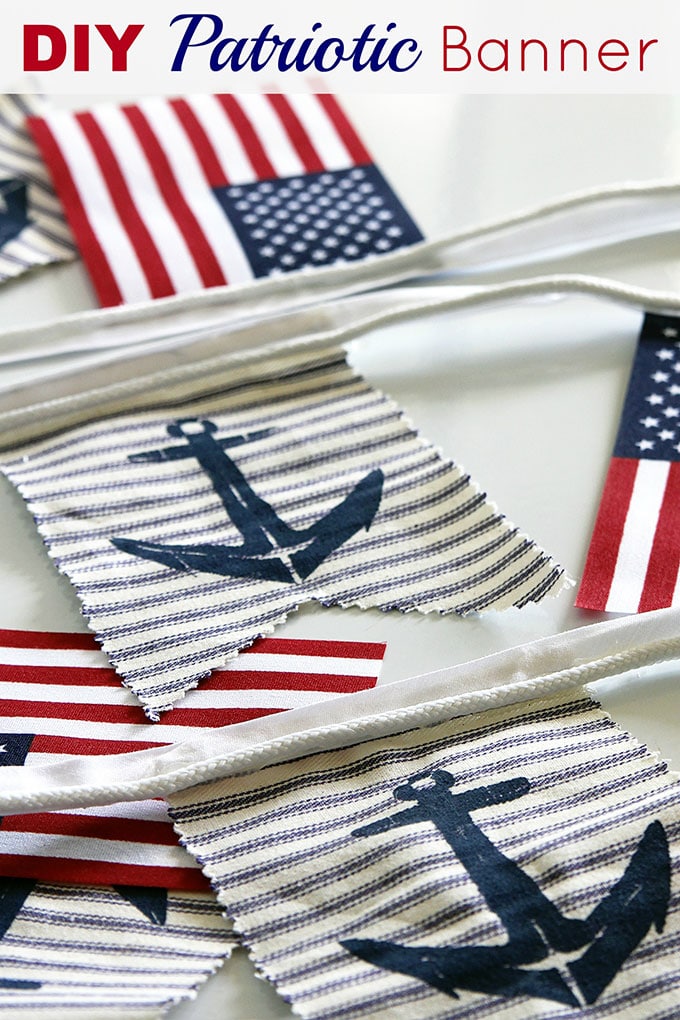 A super easy DIY patriotic banner tutorial. Anchors, flags and sailboats combine for a nautical Fourth Of July home decor style or any patriotic holiday.