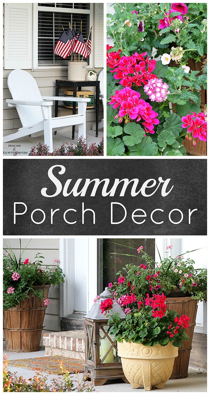 Summer porch decorating ideas and inspiration using farmhouse touches, vintage items, plenty of annual flowers and a healthy dose of patriotic decor.