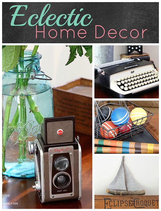 A rustic vintage eclectic style summer home decor tour including vintage thermoses, cameras, typewriter and vintage croquet and badminton equipment.