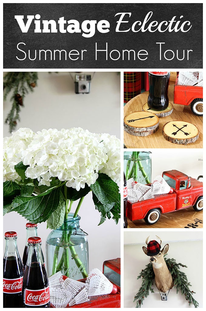A rustic vintage eclectic style summer home tour including vintage thermoses, cameras, typewriter and vintage croquet and badminton equipment.