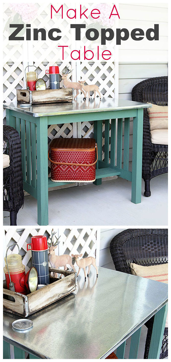 DIY instructions for making a zinc top table. Dining table could be used inside or outside. Galvanized sheet metal was used to keep the cost low.