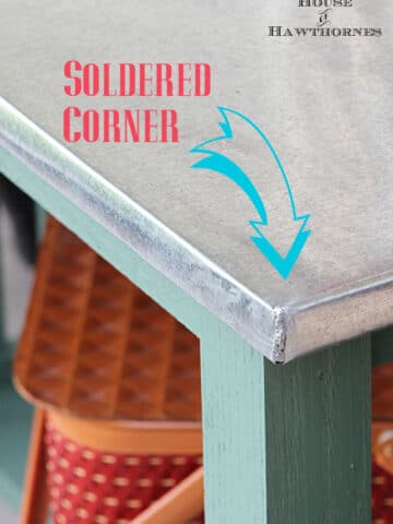 DIY instructions for making a zinc top table. Dining table could be used inside or outside. Galvanized sheet metal was used to keep the cost low.