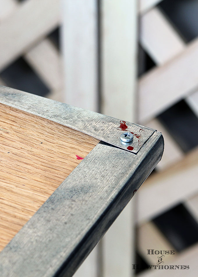 DIY instructions for making a zinc top table. Dining table could be used inside or outside. Galvanized sheet metal was used to keep the cost low.