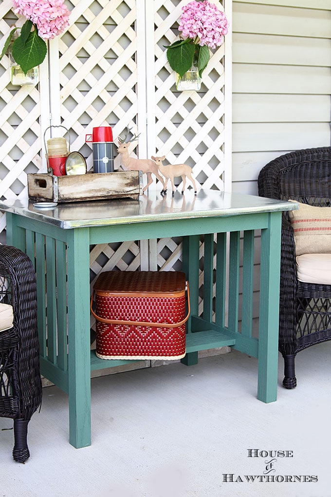 DIY instructions for making a zinc topped table. Dining table could be used inside or outside. Galvanized sheet metal was used to keep the cost low.