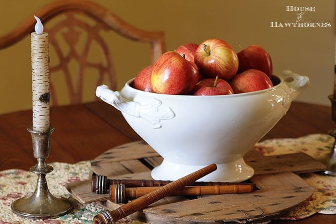 Using apples to create an inexpensive fall centerpiece in addition to other cheap, quick and easy DIY fall home decor ideas. 