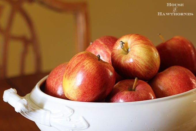 Using apples to create an inexpensive fall centerpiece in addition to other cheap, quick and easy DIY fall home decor ideas. 