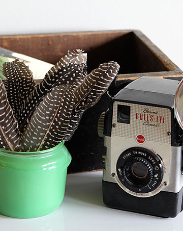 Vintage vignette with a Brownie Bull's-Eye Camera, old wooden drawer, feathers, vintage bird print and jadeite Walker's Honey Whip jar.